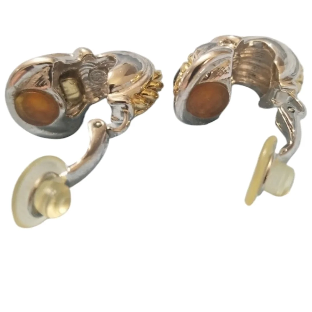 VINTAGE St. John Blue Cat Eye Buckle Clip-On Earrings Gold & Silver Tone